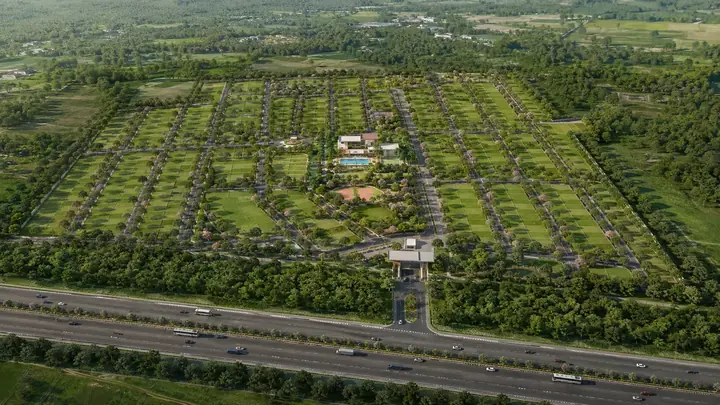 Prestige Dalasagere aerial view of the 71-acre gated plotted estate on Old Madras Road