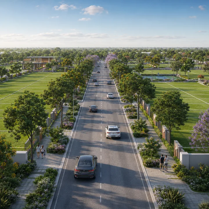 Prestige Dalasagere tree-lined internal avenue with residential plots